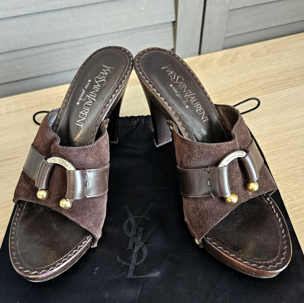 Yves Saint Laurent Brown Leather and Suede Mules